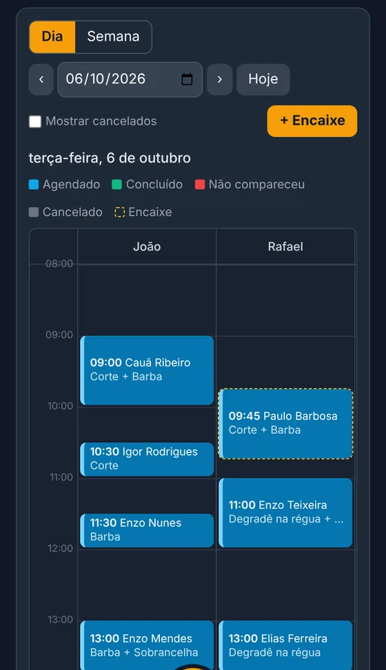 Agenda do dia com os horários de cada barbeiro, atendimentos marcados e horários livres para encaixes
