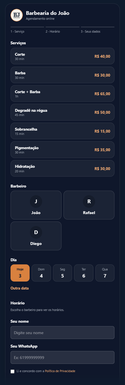 Tela de agendamento do cliente: serviços, barbeiro, dia e horário